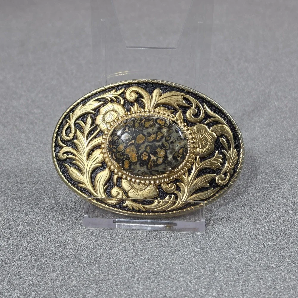 Belt Buckle gold Leopard Jasper Excellent Floral Western‎